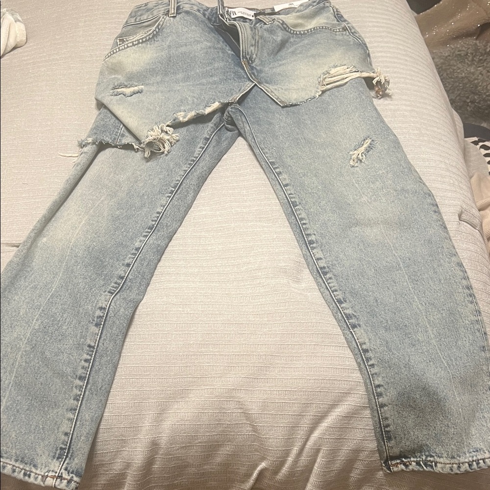 Zara Layered Denim Pants in Light Blue